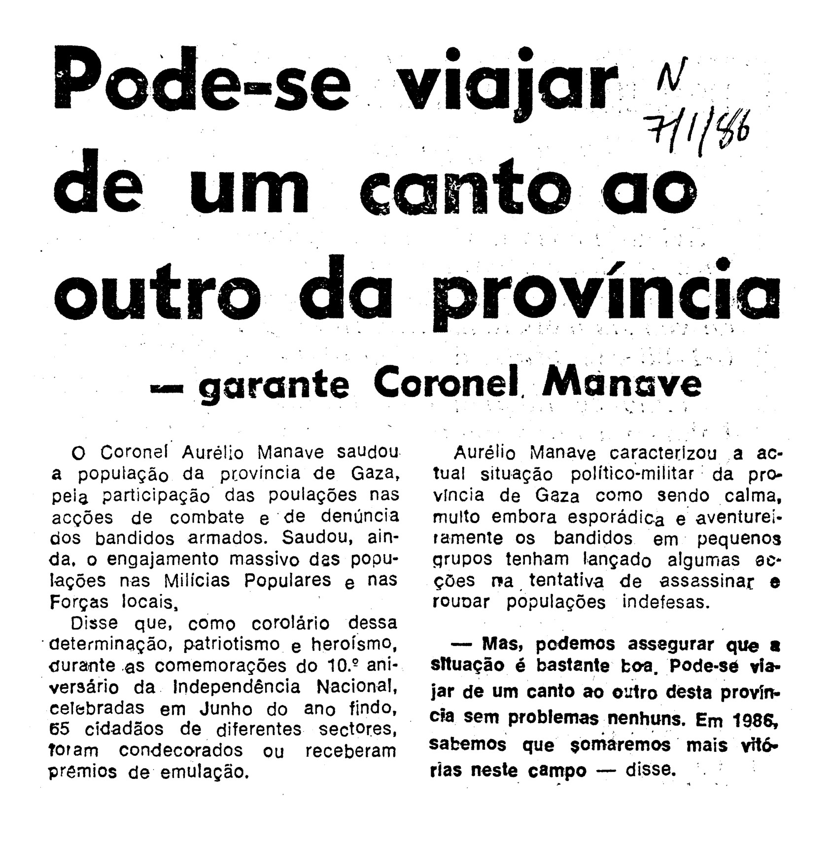 Newspaper clipping from January 7th 1986, travel is possible around Gaza, Mozambique